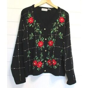 B.P. Design Womens Ramie Cotton Beaded Embroidered Cardigan Sweater size M Black